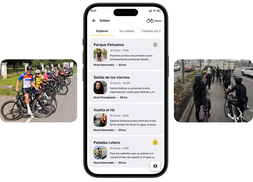 pantalla de salidas de la con fotos de ciclistas participando de estas salidas