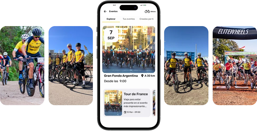 pantalla del celular con eventos y fotos de ciclistas participando de estos eventos