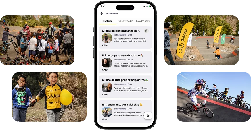 pantalla del celular con actividades y fotos de ciclistas participando de estas